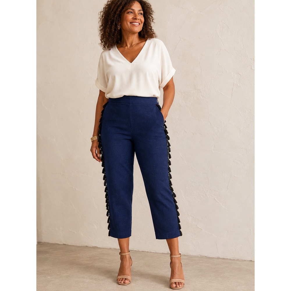 J.Crew Tassel Trim Crop Pant Women 6 Blue Straight Tassel Side Detail Trousers